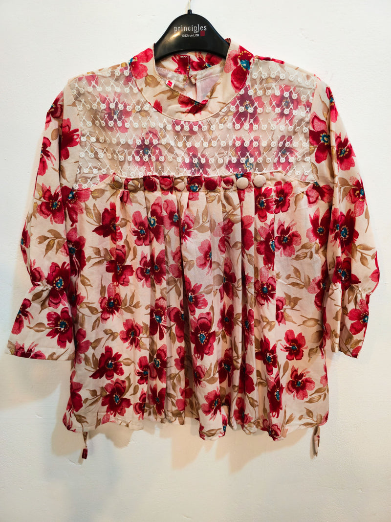 Floral Beige Top with Embroidered Sheer Yoke-1