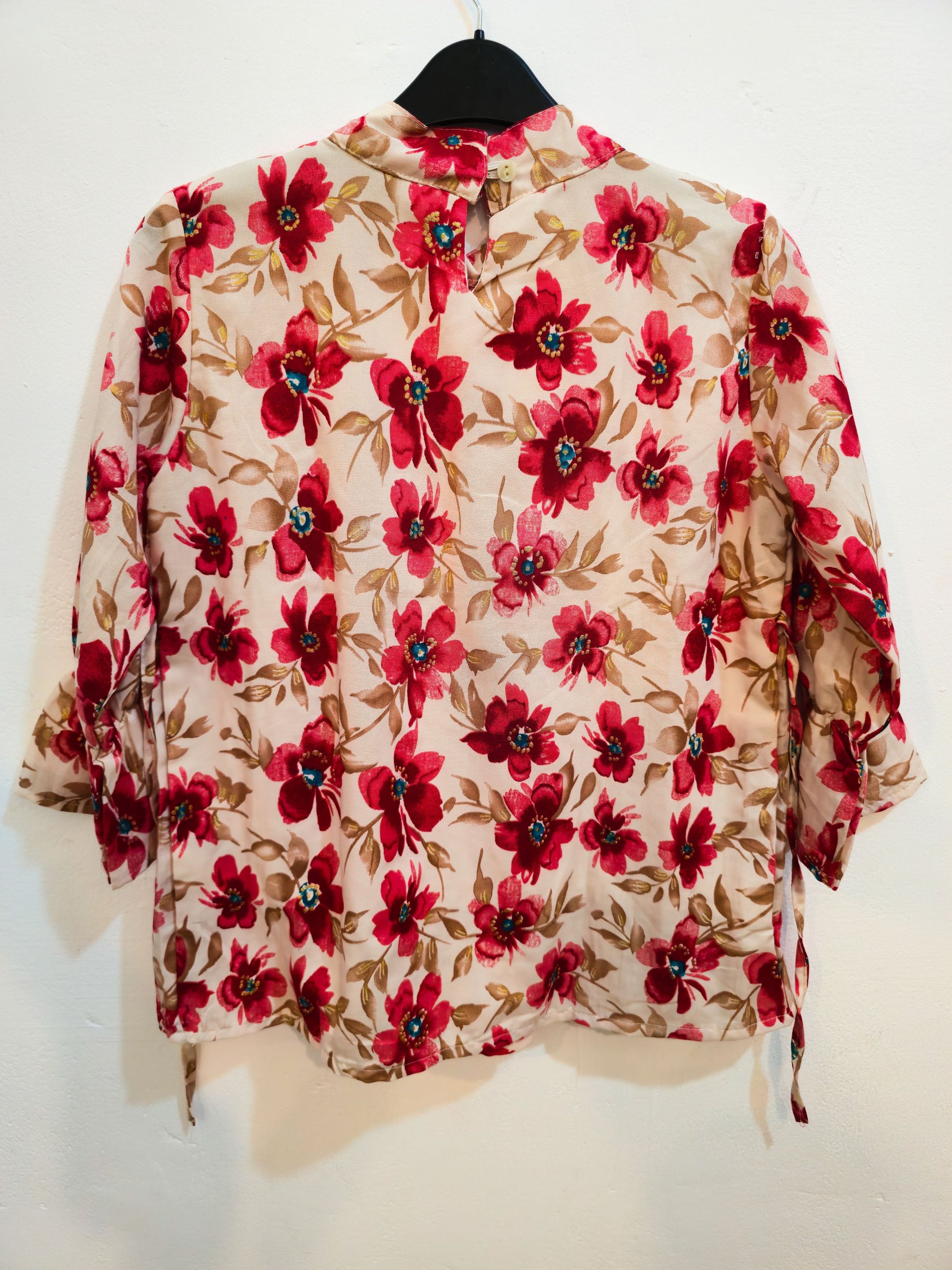 Floral Beige Top with Embroidered Sheer Yoke-3
