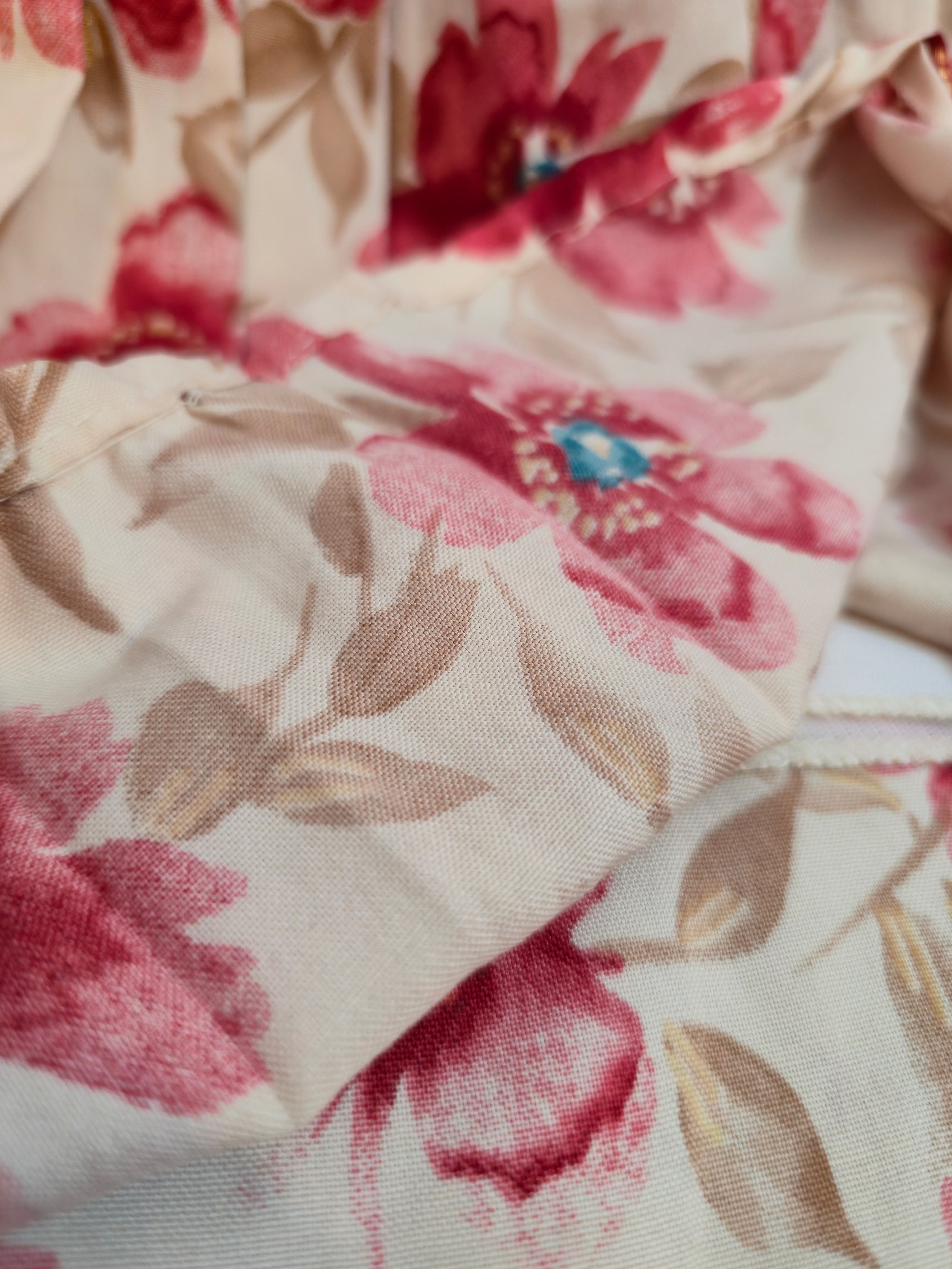 Floral Beige Top with Embroidered Sheer Yoke