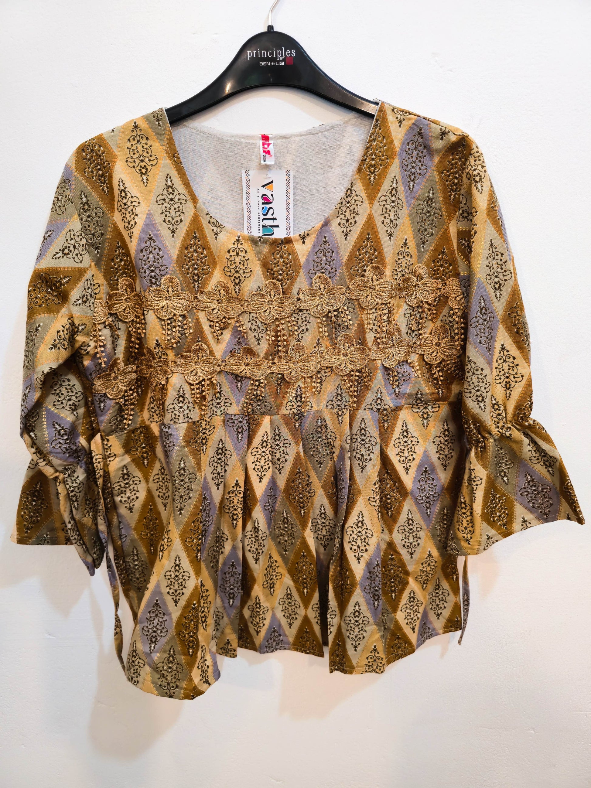 Embroidered Multicolor Diamond Print Tunic Top-2