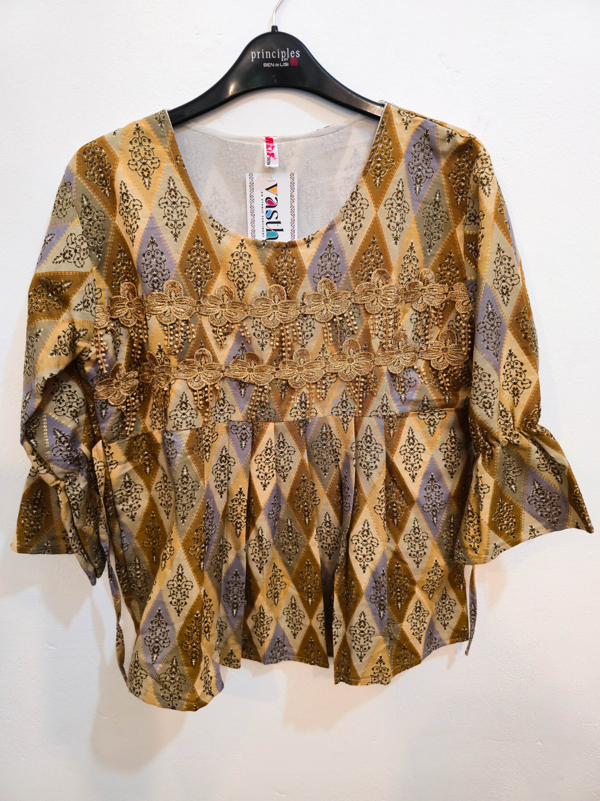 Embroidered Multicolor Diamond Print Tunic Top