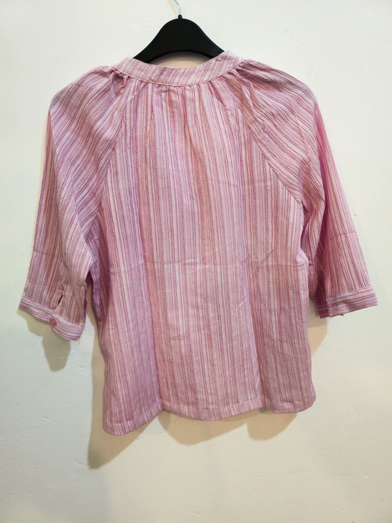 Blush Pink Striped Cotton Blouse with Floral Embroidery-2
