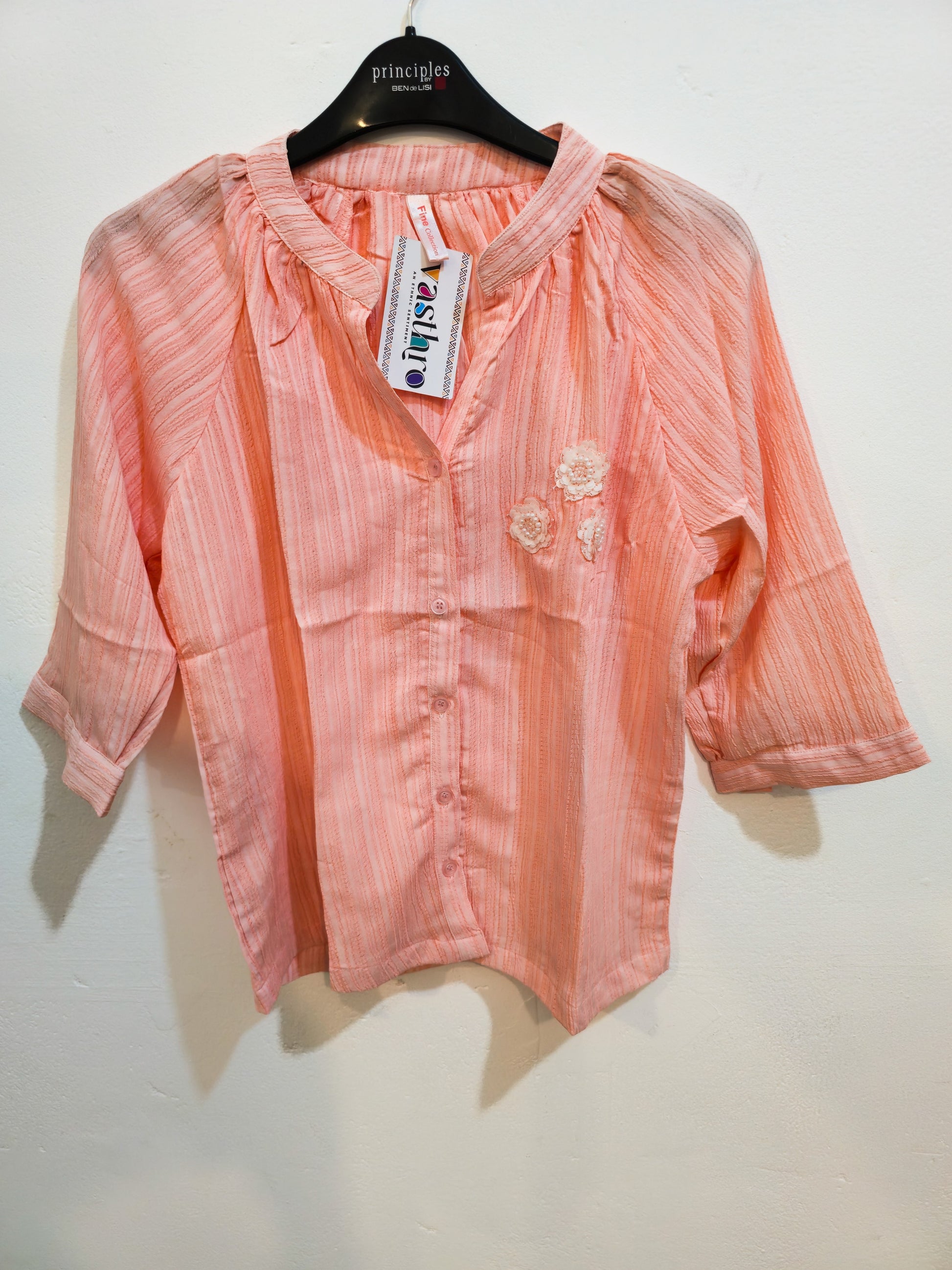 Blush Pink Striped Cotton Blouse with Floral Embroidery-4