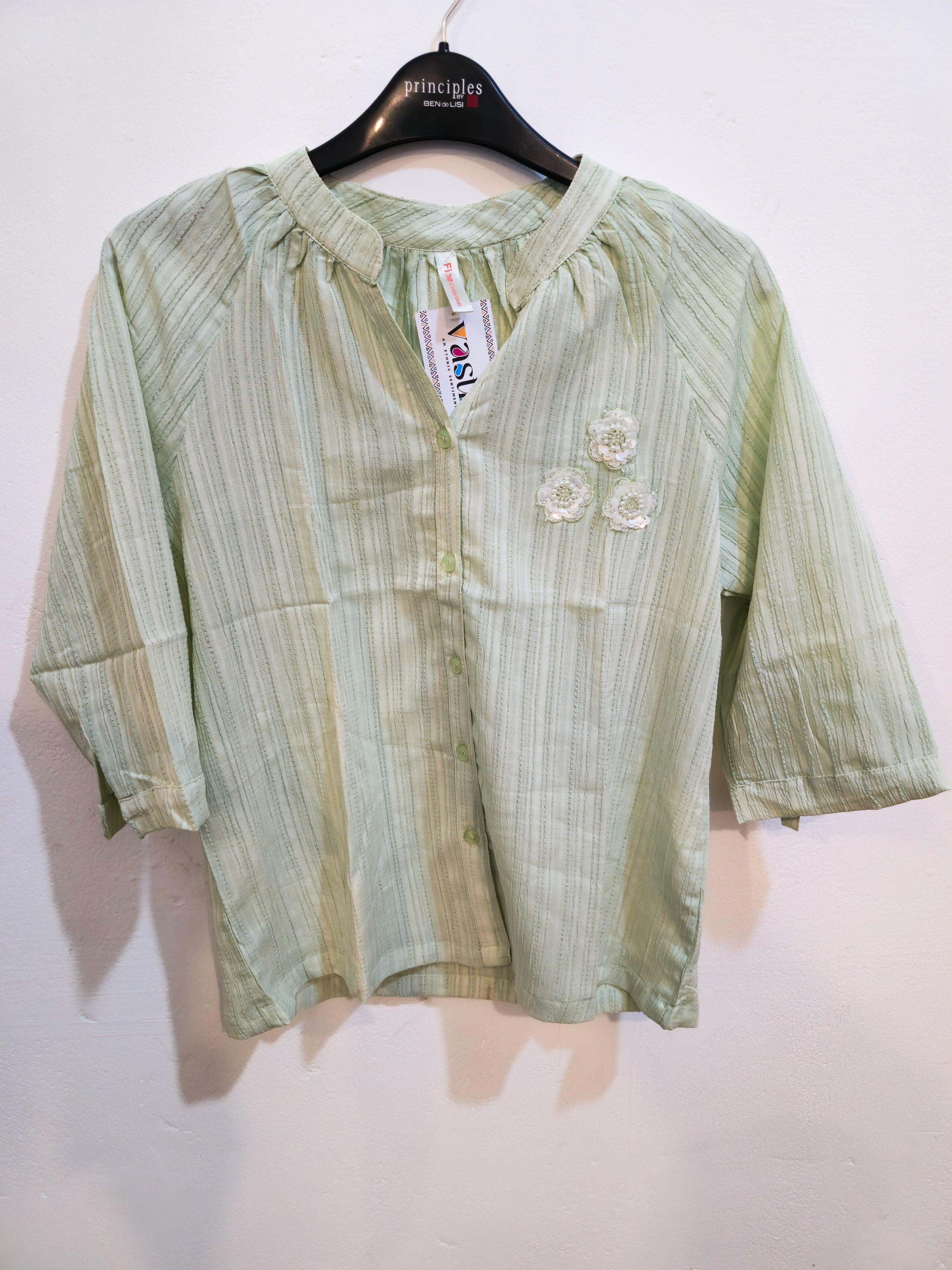 Blush Pink Striped Cotton Blouse with Floral Embroidery