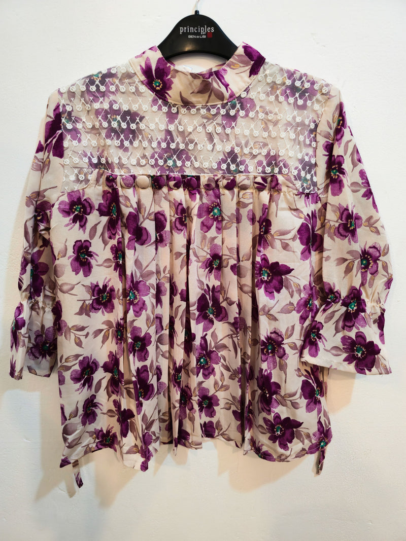 Floral Beige Top with Embroidered Sheer Yoke-2