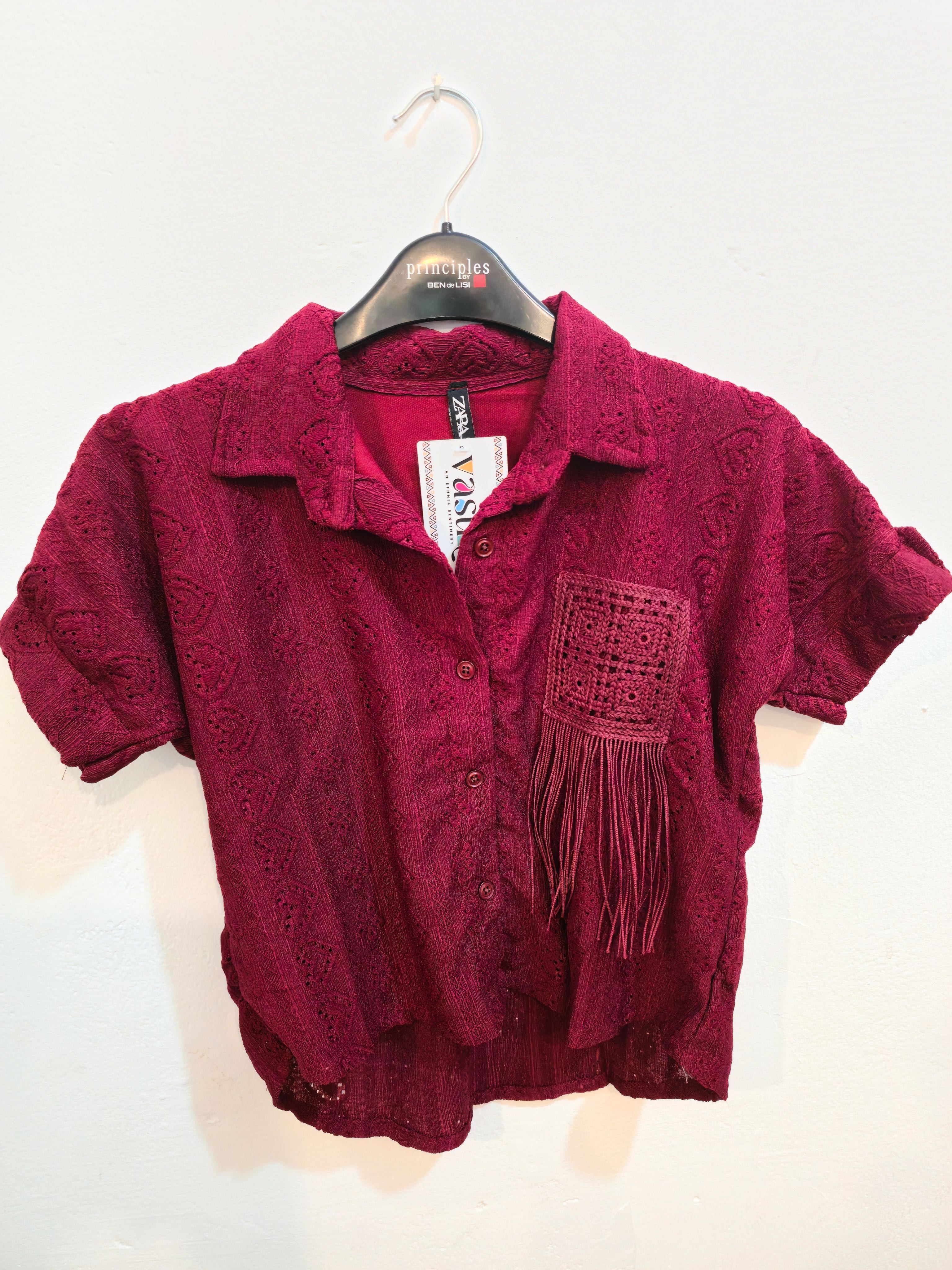 Fringe Pocket Maroon Lace Shirt