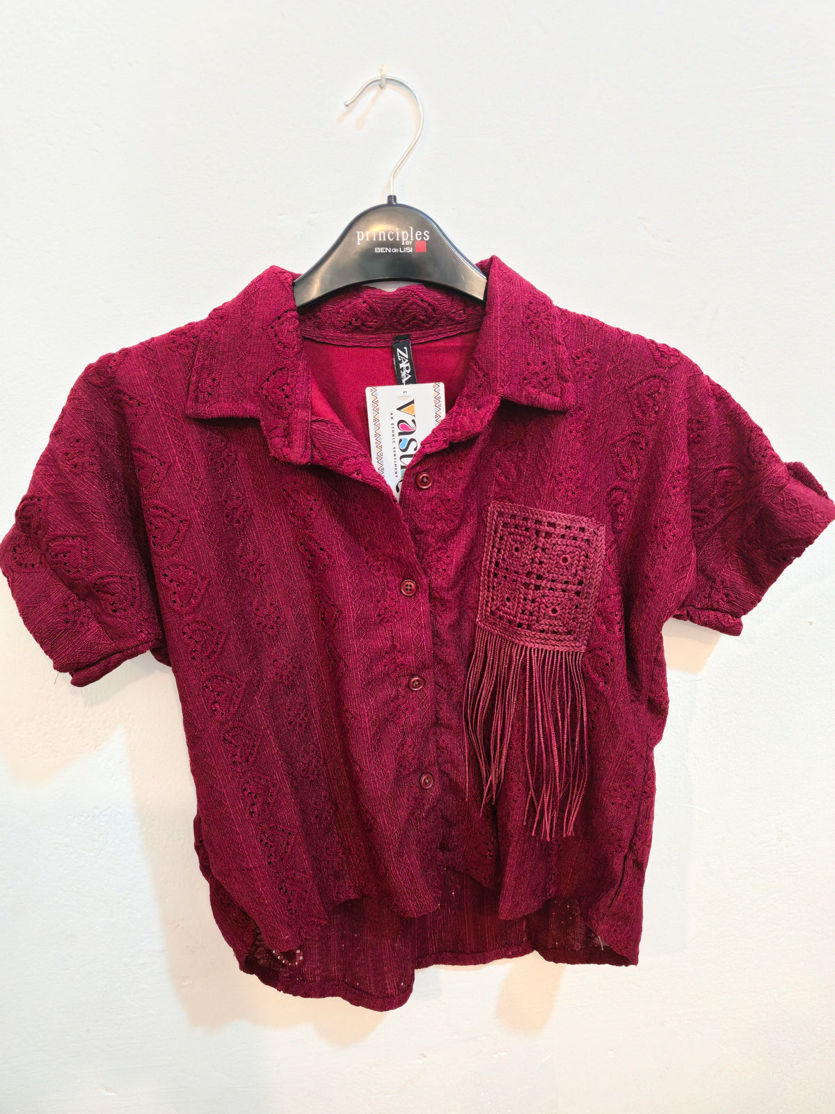 Fringe Pocket Maroon Lace Shirt