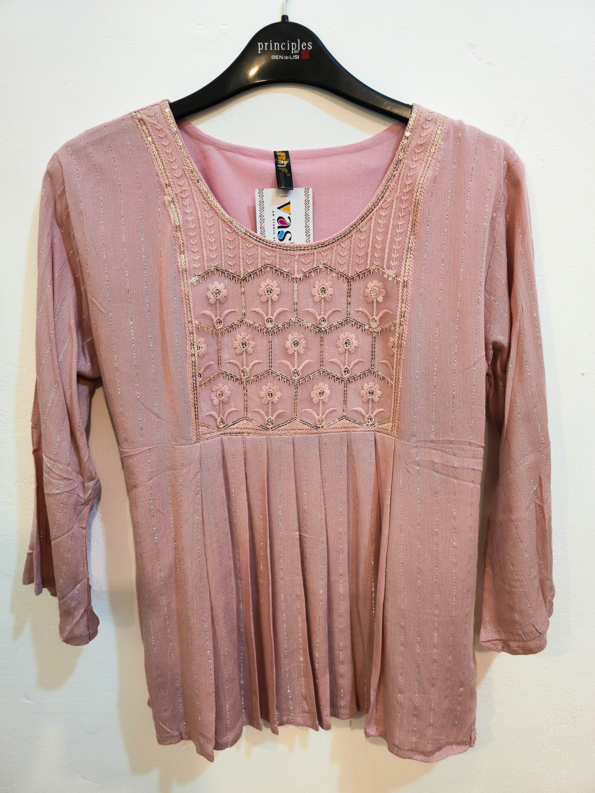 Women's Dusty Pink Embroidered Pleated Kurti Top-1