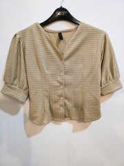 Textured Puff Sleeve Button-Down Blouse