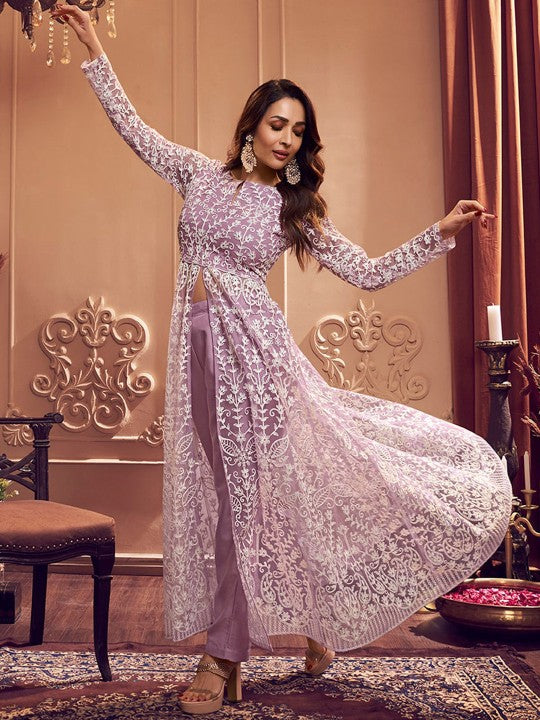 Floral Embroidered Keyhole Neck Long Sleeve High Slit Thread Work Kurta Set-4