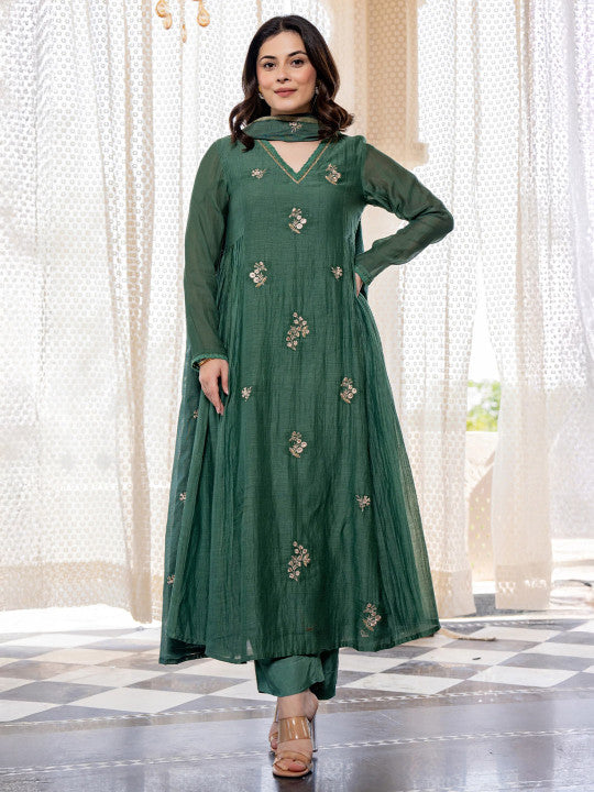 Women Viscose Embroidery Anarkali Kurta Pant with Dupatta Set