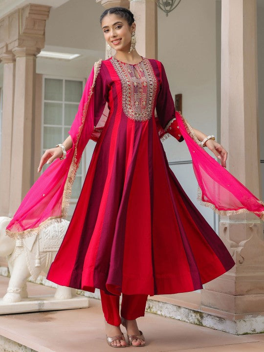 Ethnic Motifs Embroidered Zari Pure Silk Anarkali Kurta With Trouser & Dupatta-1