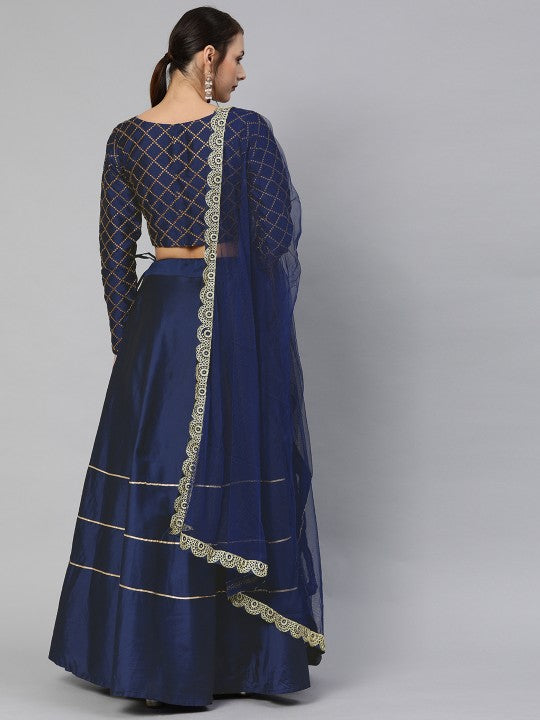 Navy Blue Embroidered Semi-Stitched Lehenga & Unstitched Blouse with Dupatta-4