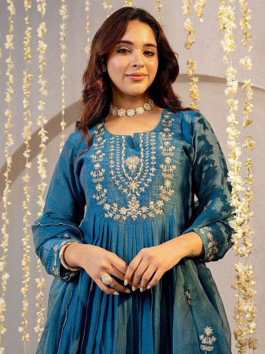 Women Ethnic Motifs Embroidered Thread Work Pure Silk Kurta with Trousers & Dupatta-1
