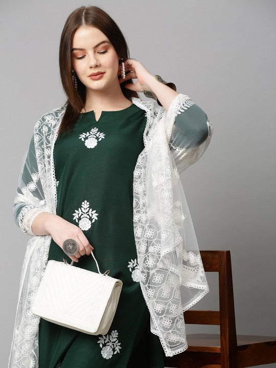 Women Green Ethnic Motifs Embroidered Thread Work Kurta with Palazzo & Dupatta-2