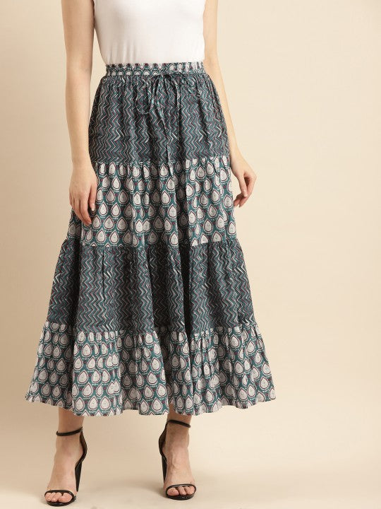Anayna Women Blue And White Printed Cotton Tiered Long Skirt-2