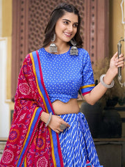 Blue Printed Ready to Wear Lehenga & Unstitched Blouse With Dupatta