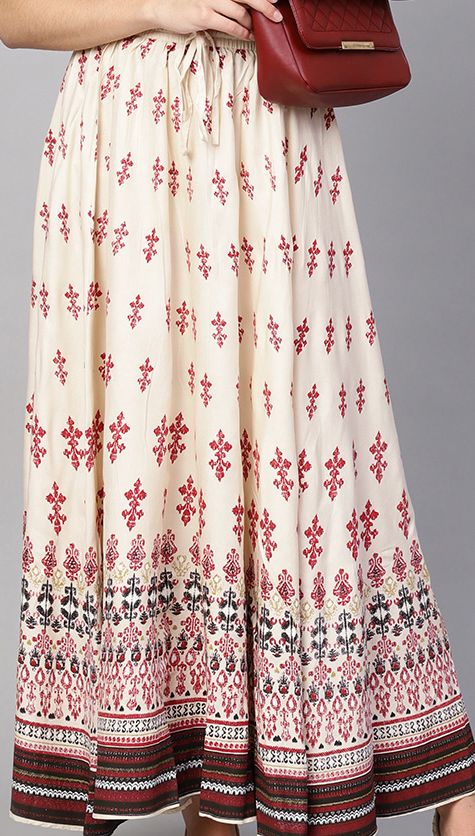 Cream-Coloured & Red Printed Flared Maxi Skirt