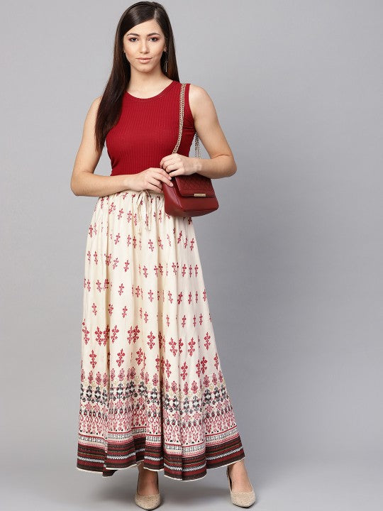 Cream-Coloured & Red Printed Flared Maxi Skirt-4