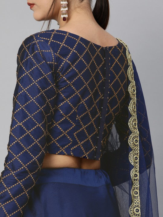 Navy Blue Embroidered Semi-Stitched Lehenga & Unstitched Blouse with Dupatta-2