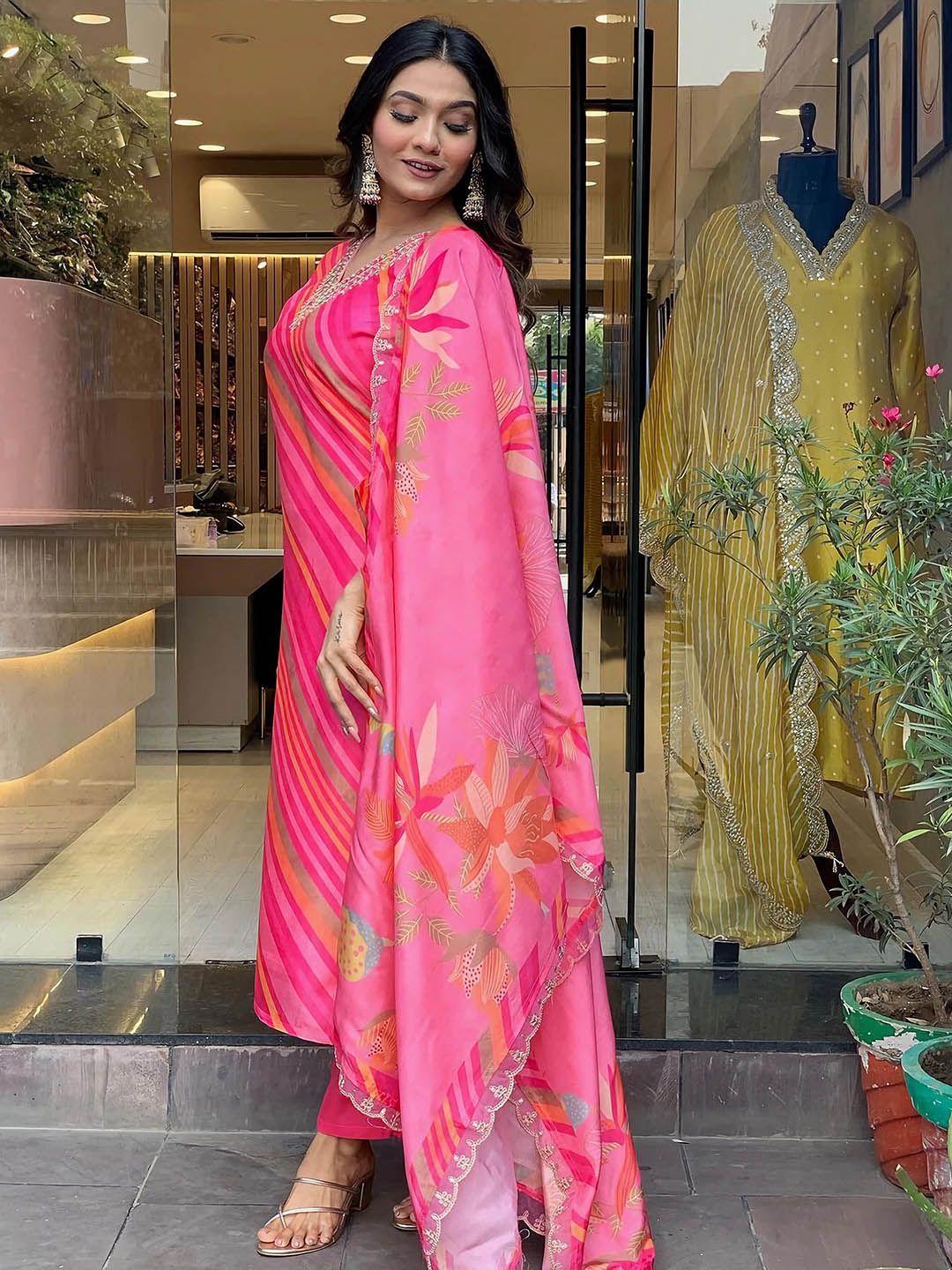 Leheriya Printed Sequinned Pure Silk Kurta with Trousers & Dupatta-2