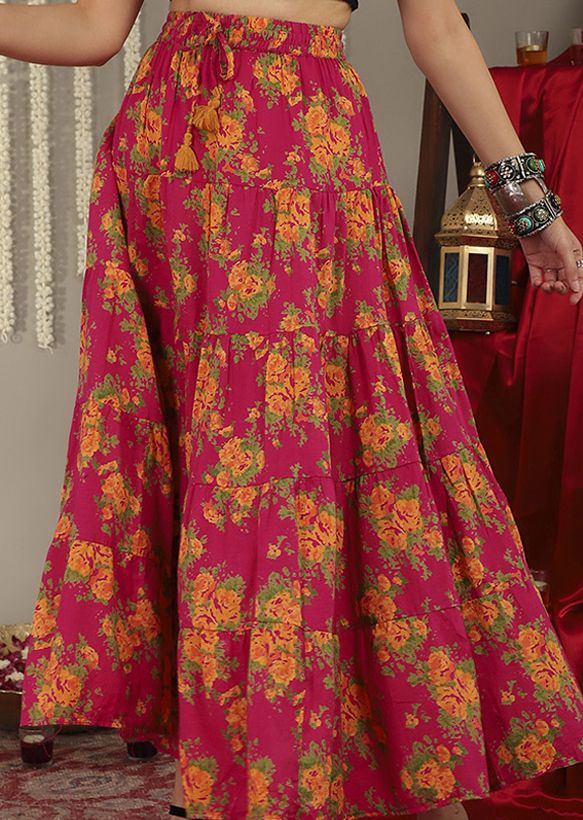 Women Pink & Mustard-Yellow Printed Tiered Skirt With Lace Detailing