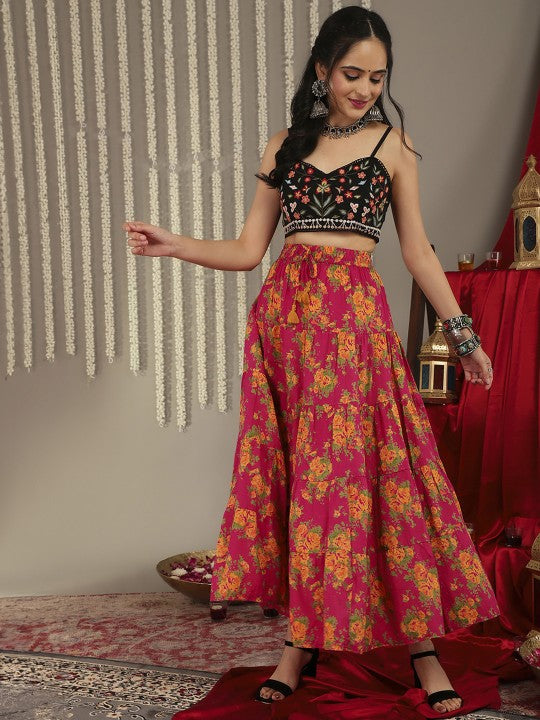 Women Pink & Mustard-Yellow Printed Tiered Skirt With Lace Detailing-5