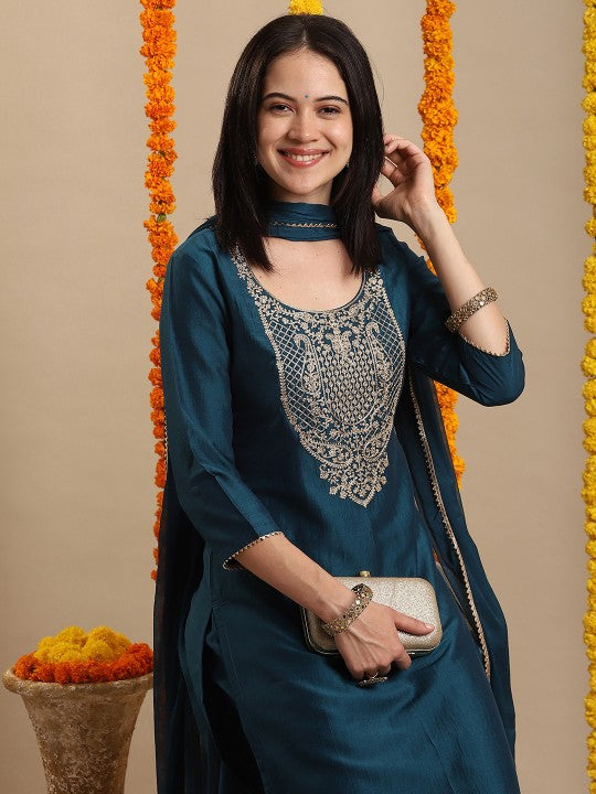 Ethnic Motifs Embroidered Round Neck Straight Kurta With Trouser And Dupatta