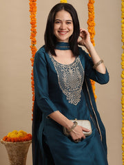 Ethnic Motifs Embroidered Round Neck Straight Kurta With Trouser And Dupatta