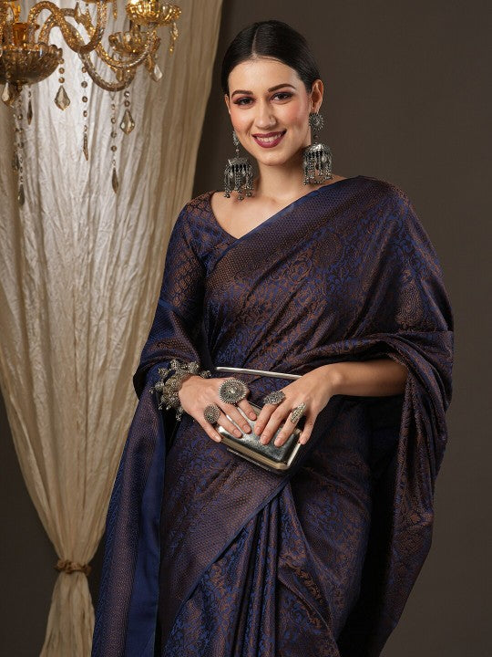 Navy Blue & Gold-Toned Woven Design Zari Silk Blend Banarasi Sarees
