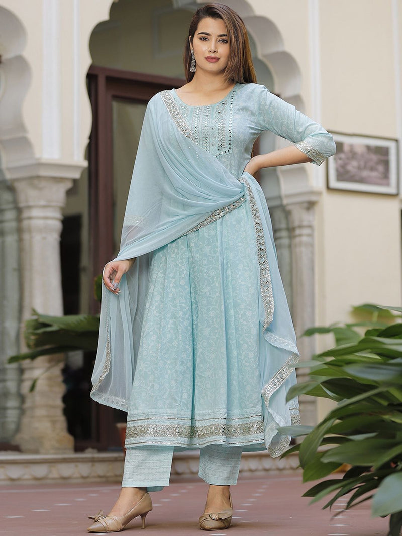 Floral Printed Mirror Work Anarkali Kurta & Trousers With Dupatta-8