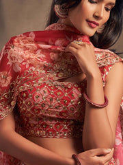 Red & Gold-Toned Embroidered Sequinned Shibori Semi-Stitched Lehenga & Unstitched Blouse With