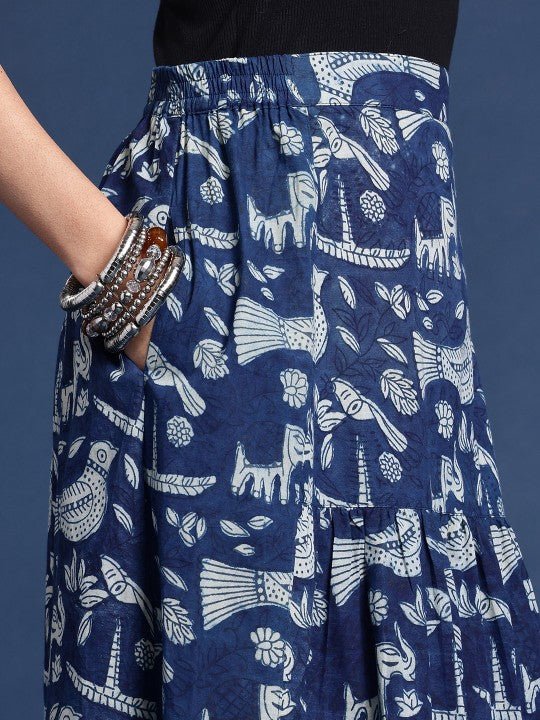 Women Ethnic Motifs Printed Pure Cotton Indigo Maxi Skirt-3