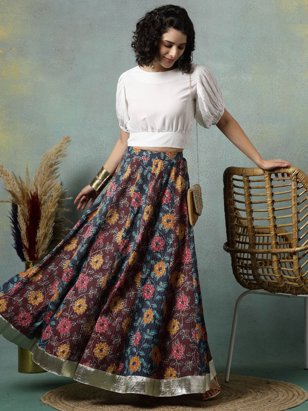 Floral Printed Cotton Flared Maxi Skirt