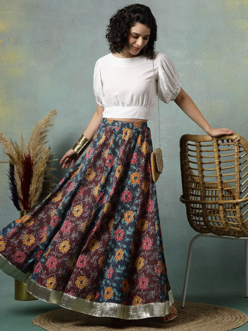 Floral Printed Cotton Flared Maxi Skirt-6