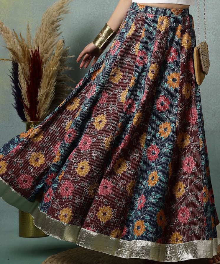 Floral Printed Cotton Flared Maxi Skirt