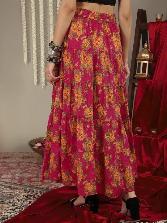 Women Pink & Mustard-Yellow Printed Tiered Skirt With Lace Detailing-4