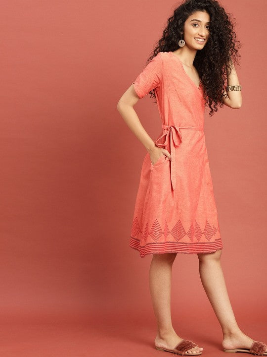 Orange Hand Block Print Legacy Angrakha Pure Cotton Dress with Tie-Up-2