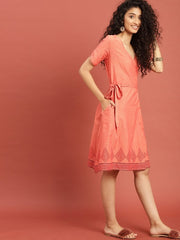 Orange Hand Block Print Legacy Angrakha Pure Cotton Dress with Tie-Up