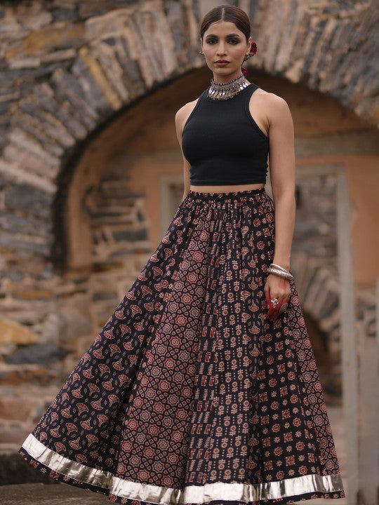 Anayna Women Printed A-Line Flared Cotton Maxi Skirt-7
