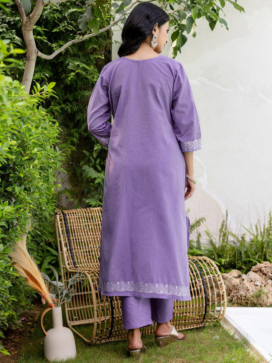 Women Lavender Cotton Blend Kurta Sets-4