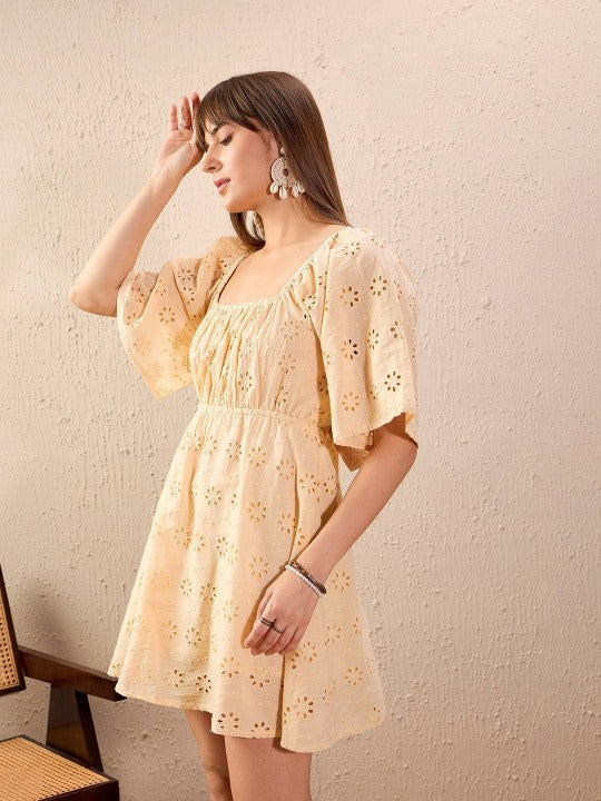 Beige Self Design Schiffli Square Neck Flared Sleeve Pure Cotton A-Line Dress-4