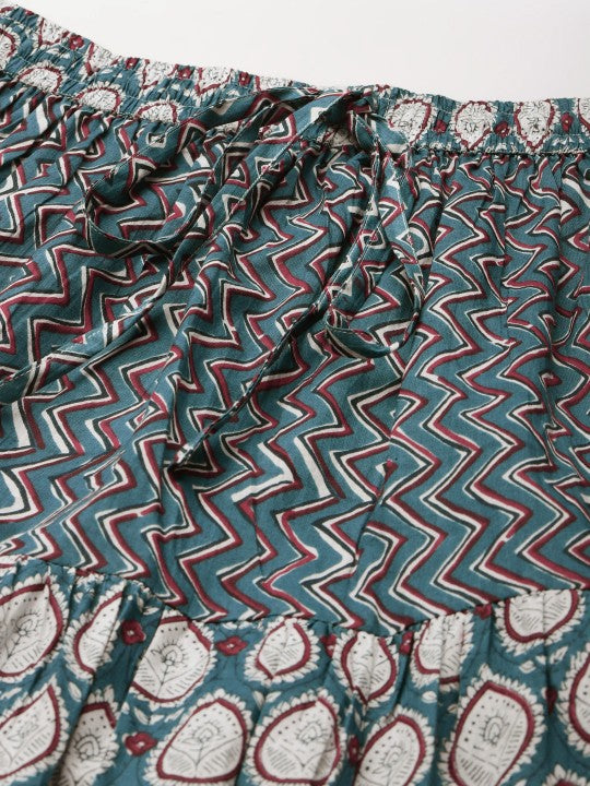 Anayna Women Blue And White Printed Cotton Tiered Long Skirt-4