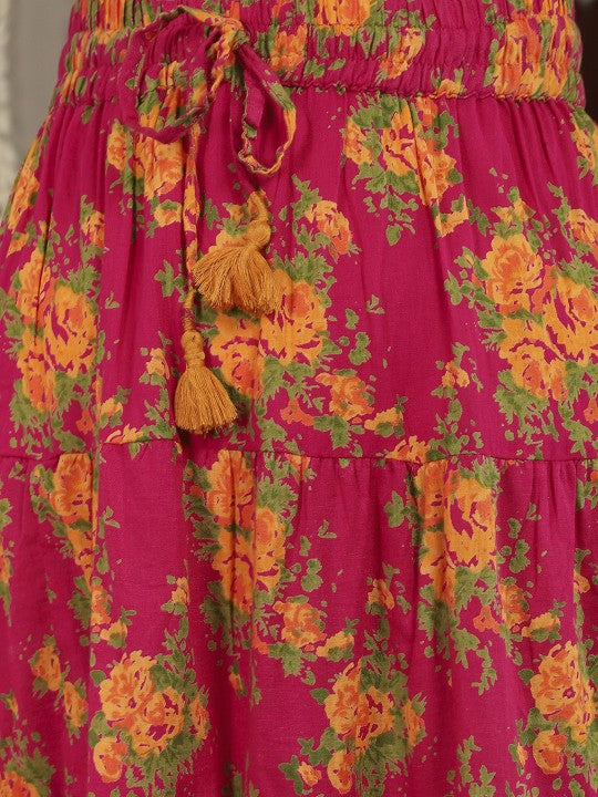 Women Pink & Mustard-Yellow Printed Tiered Skirt With Lace Detailing