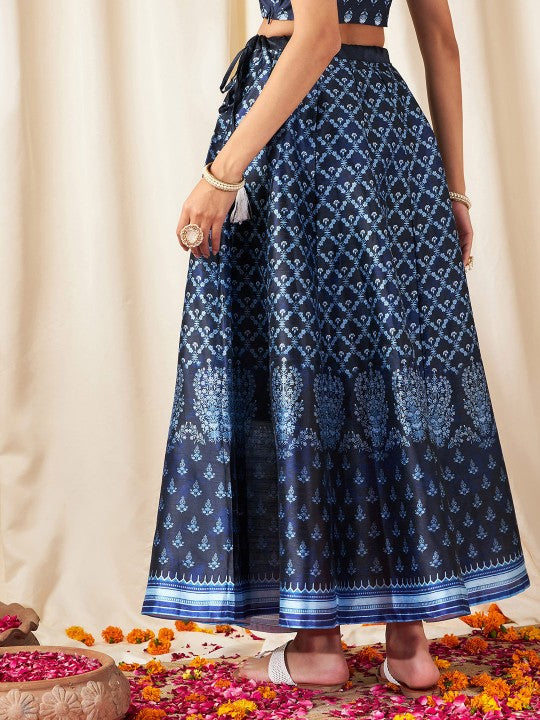 Women Deep Navy Blue Floral Skirt-5