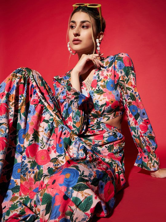 Blue Floral Printed Cut Out Crepe Maxi Dress-4