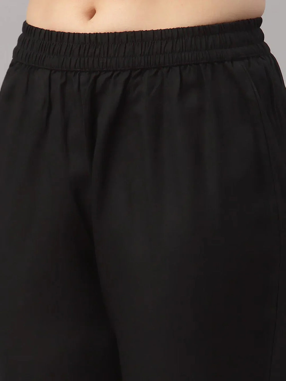 Women Black Kurta with Trousers & With DupattaKurta SetsThis stylish three-piece ensemble comprises a straight-shaped kurta with three-quarter sleeves, offering a classic and comfortable fit for daily wear. The solid pattWomen Black Kurta