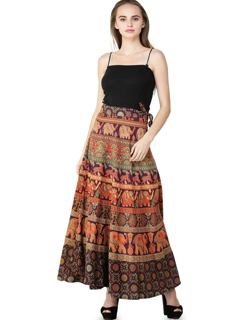 Amaranth Wrap-Around Long Skirt with Printed Elephants and Deer-1
