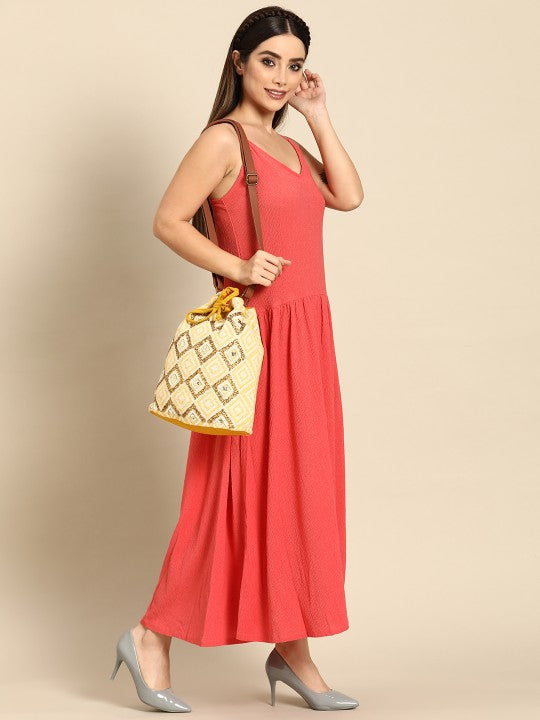 Women Yellow & Off-White Embellished Sling Bag-1