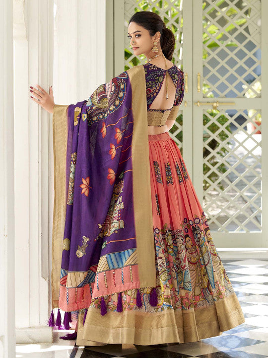 Kalamkari Printed Semi-Stitched Lehenga & Unstitched Blouse With Dupatta-4